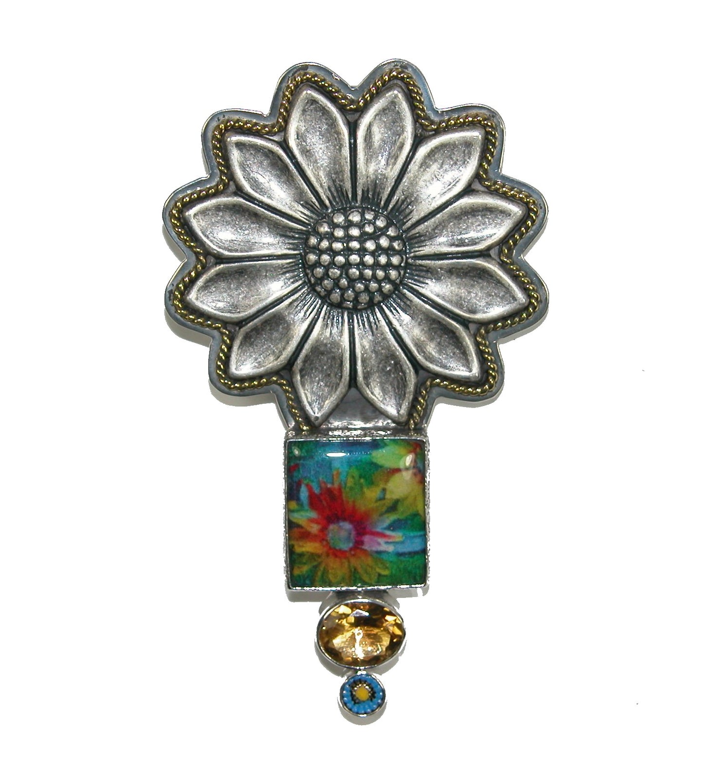 Citrine, Sunflower Tile Enameled Sterling Silver Pin and Pendant