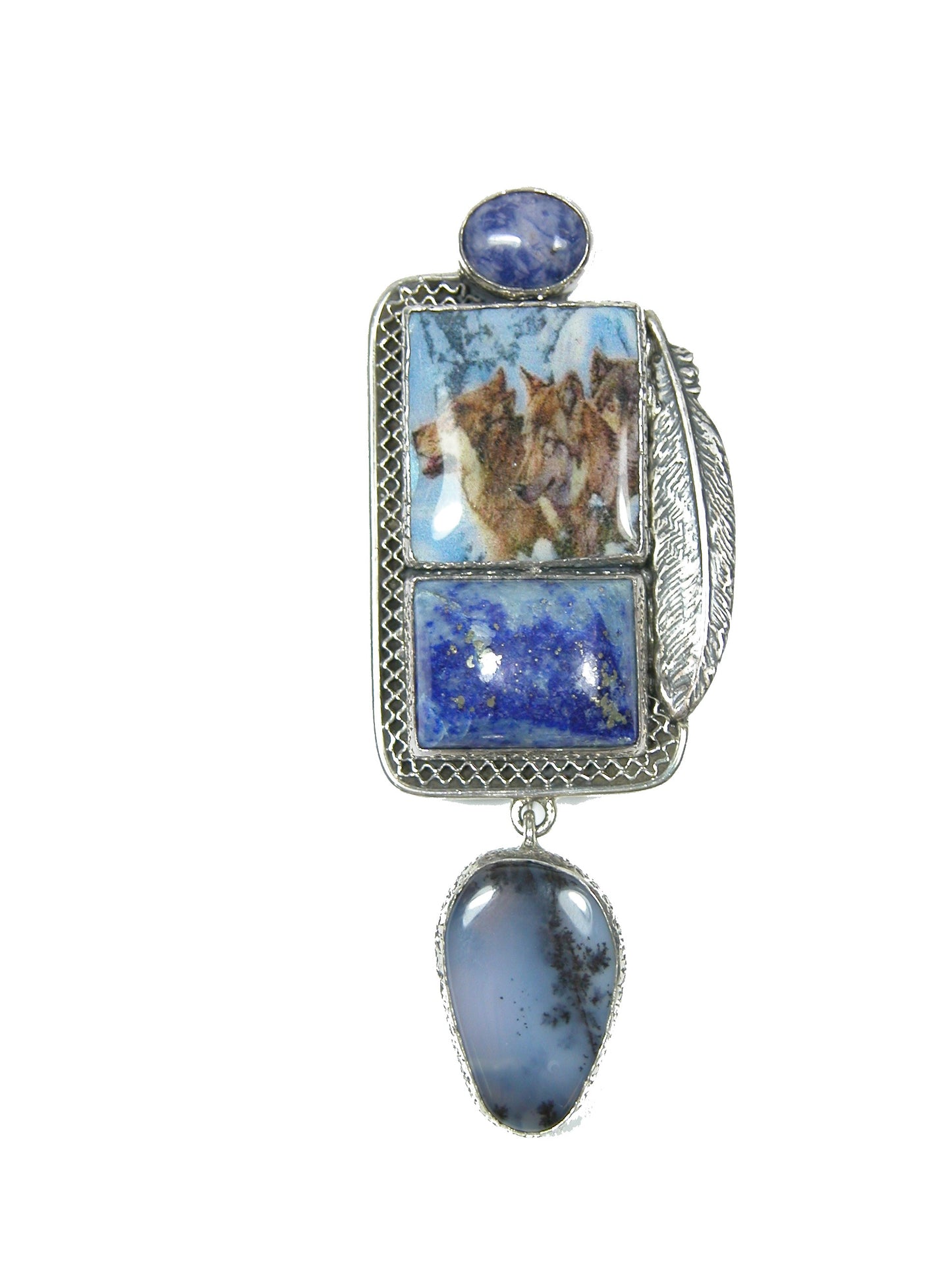 Handmade Wolf Tile Sodalite Lapis Sterling Silver Pin Pendant