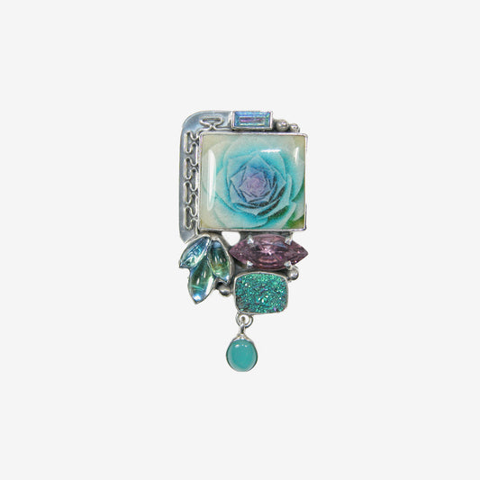 29829 Hand Made Tile, Celestial Quartz, Turquoise, Amethyst, Drusy, Sterling Silver Pin and Pendant