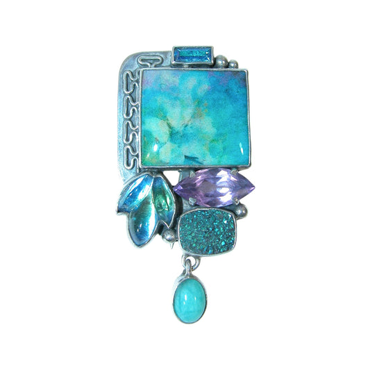 29829 Hand Made Tile, Celestial Quartz, Turquoise, Amethyst, Drusy, Sterling Silver Pin and Pendant