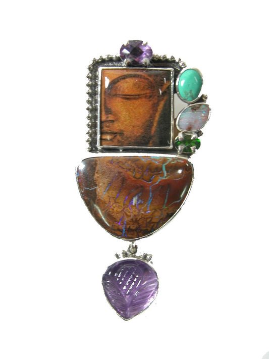 Buddha Handmade tile With Bolder Opal Amethyst Turquoise Pin Pendant