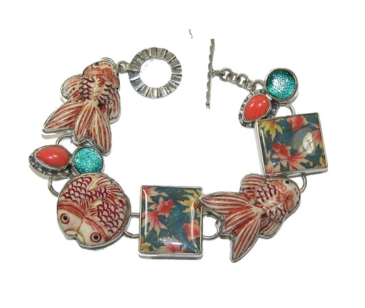 Coral Fish Enamel Tile Sterling Silver Bracelet