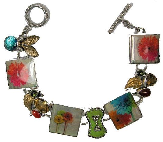 Handmade Tile Hand Painted Enamel Citrine Carnelian Coral Sterling Silver Toggle Bracelet