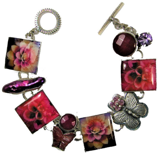 Handmade Flower Tile Amethyst Freshwater Raspberry Quartz Butterfly Sterling Silver Toggle Bracelet