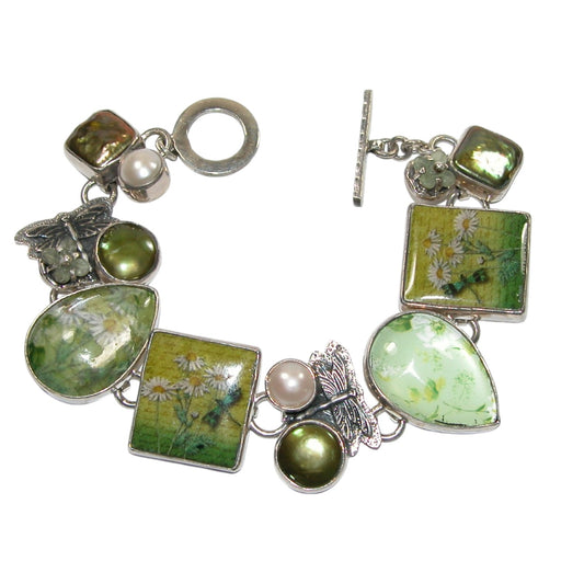 Green Tile, Freshwater Pearl Floral Sterling Silver Bracelet