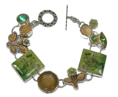 Handmade Tile Carved Yellow Onyx Sterling Silver Toggle Bracelet