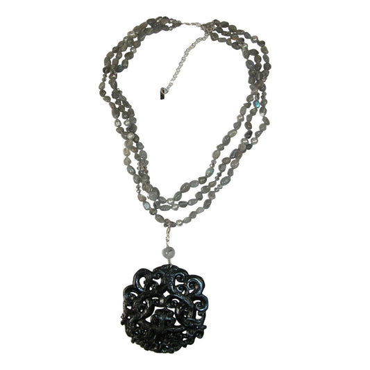 29859D Freshwater Pearl, Jade, Labradorite Sterling Silver Beaded Necklace