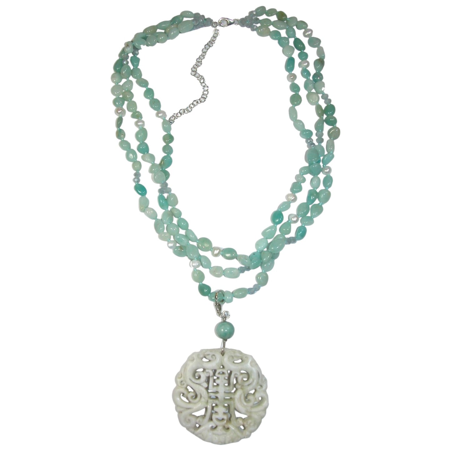 Amazonite, Freshwater Pearl, Carved Jade Sterling Silver Necklace