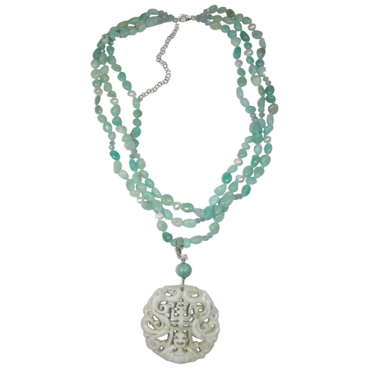 Amazonite, Freshwater Pearl, Carved Jade Sterling Silver Necklace