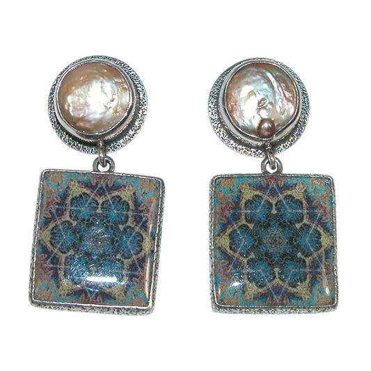 29863 Hand Made Tile Freshwater Pearl Sterling Silver Earrings