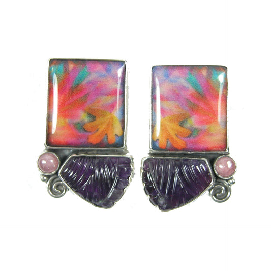 29867A Handmade Tile Carved Amethyst Sterling Silver Earring