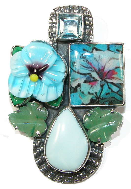 29871 Handmade Tile Blue Topaz Aquamarine Sterling Silver Pin and Pendant