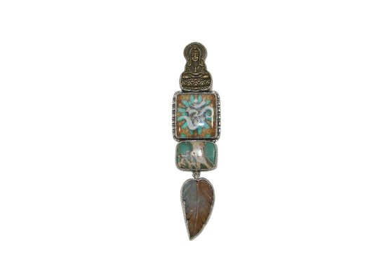 29872A  Buddha OM Handmade Tile with Turquoise, Peruvian Opal Pin and Pendant