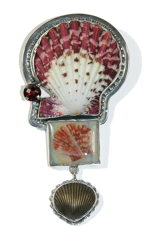 29874 Shell Handmade Tile Garnet Sterling Silver Pin Pendant