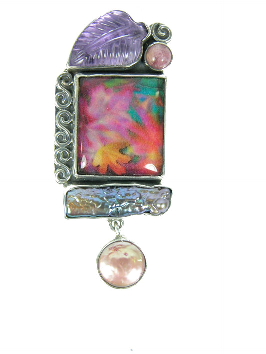 29875 Hand Made Floral Tile with Turquoise, Amethyst and Fresh Water Pearl Sterling Silver Pin Pendant