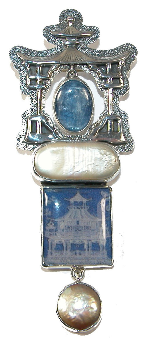 Kyanite Pagoda Freshwater Pearl Handmade Tile Sterling Silver Pin and Pendant
