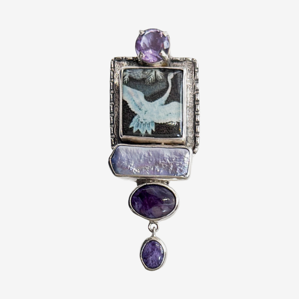 29880 Handmade Tile Crane, Freshwater Pearl, Amethyst Sterling Silver Pin / Pendant