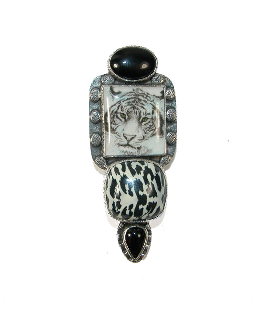 29881 Hand Made Tile, Black Onyx, Enamel Quartz, Sterling Silver Pin and Pendant