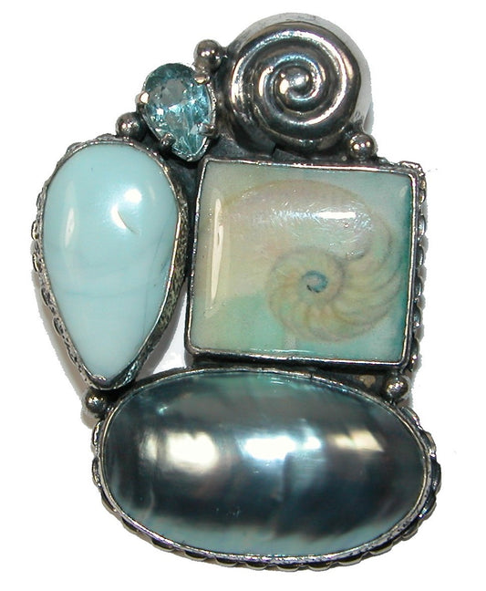 Handmade Shell Tile Osmena Pearl Aquamarine Sterling Silver Pin Pendant