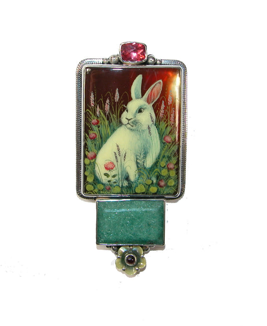 Hand Painted Bunny Aventurine Sterling Silver Pin Pendant
