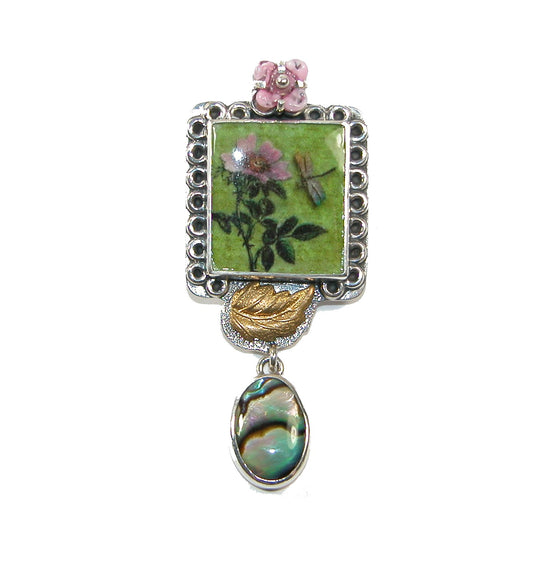 Handmade Glass Flower and Tile with Abalone Pin Pendant