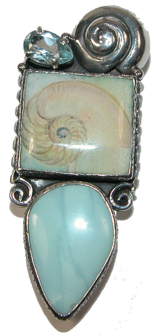 Handmade Shell Tile Aquamarine Faceted Blue Topaz Sterling Silver Pin Pendant