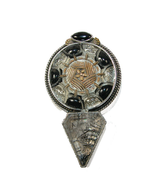 29897 Vintage Button, Tourmalated Quartz and Black Onyx on Sterling Silver Pin Pendant