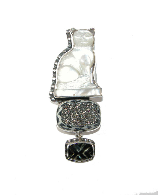 Mother of Pearl with Window Drusy Over Enamel Agate Pin Pendant