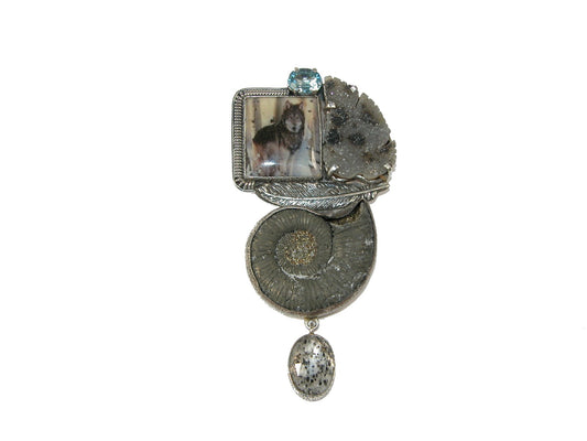 Ammonite Drusy Agate and Wolf Handmade Tile on Sterling Silver Pin Pendant