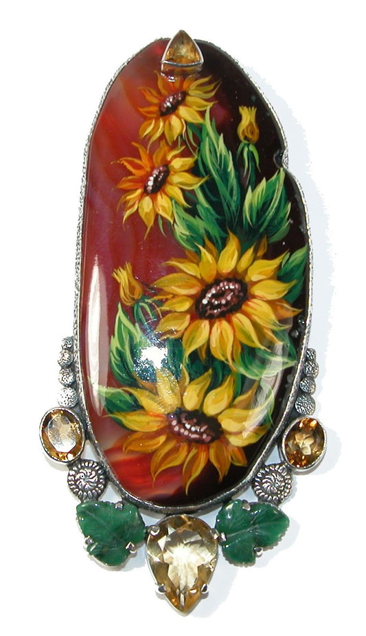 Hand Painted Agate Sunflower Citrine Green Agate Sterling Silver Pin Pendant