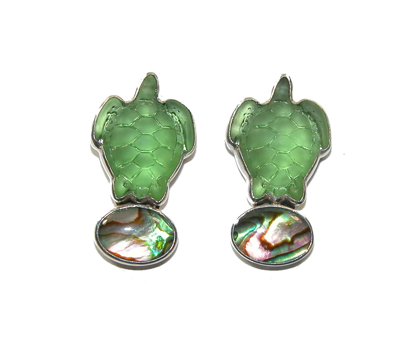 Carved Green Sea Glass Turtle Abalone Sterling Silver Earrings