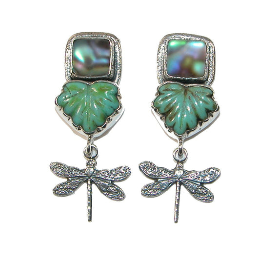 Teal Leaf Mother of Pearl Dragonfly Sterling Silver Earrings