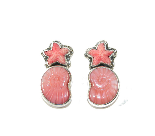 Coral Pink Sea Star Shell Sterling Silver Earrings
