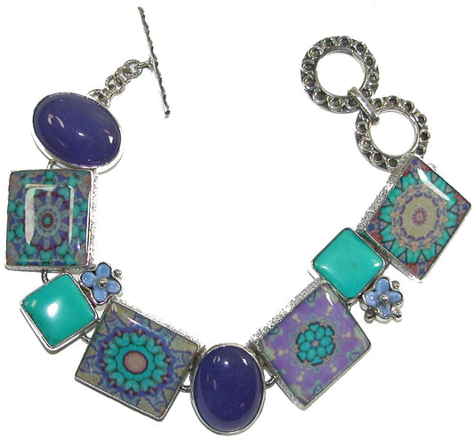 Handmade Tile, Charoite, Turquoise, Glass Sterling Silver Bracelet