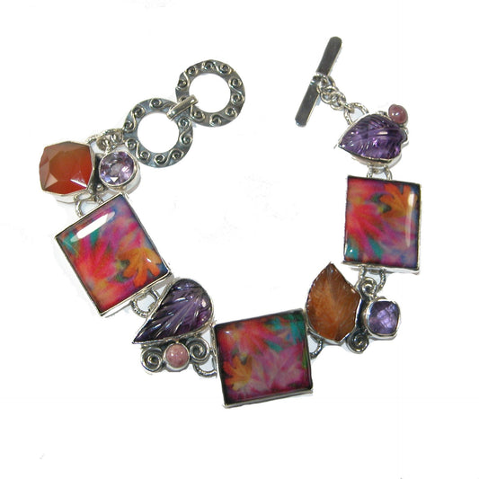 29930 Amethyst Carnelian Floral Enamel Tile Sterling Silver Bracelet
