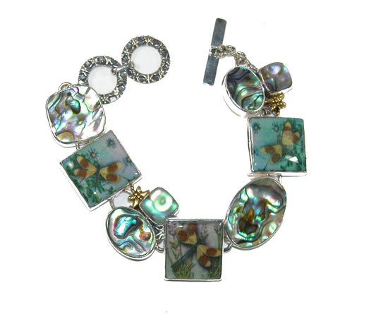 Dragonfly Enamel Tile Abalone Sterling Silver Bracelet