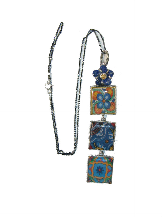 Handmade Tile with Lapis Citrine Sterling Silver Necklace