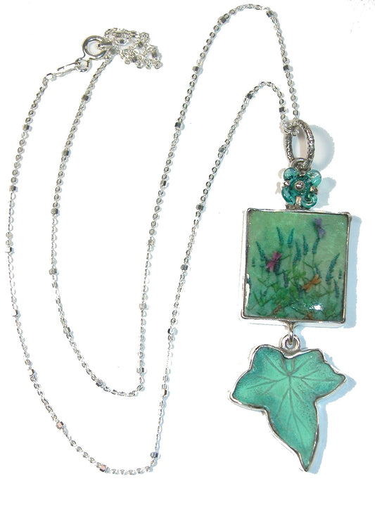 Hand Painted Teal Leaf and Flower Tile Sterling Silver Necklace