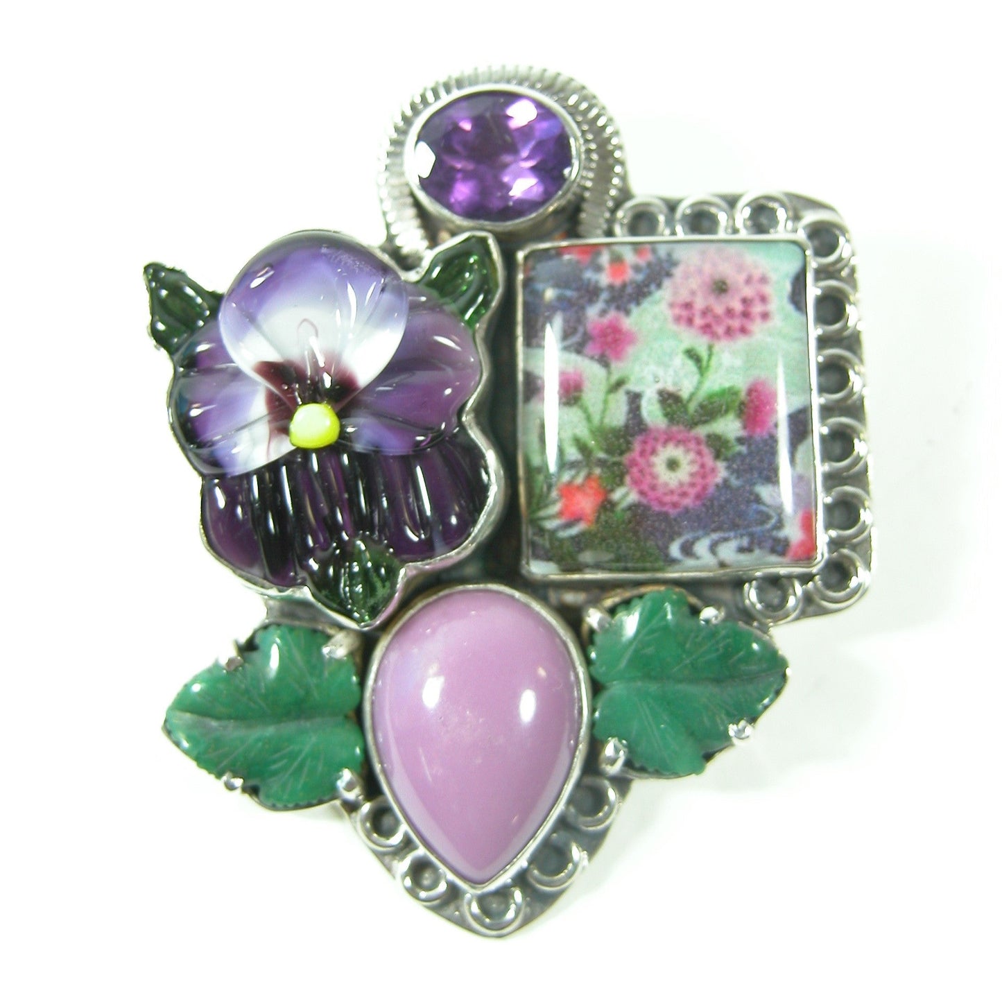 29965 Carved Glass Pansy with Hand Made Tile and Amethyst, Phosphosiderite and Jade Sterling Silver Pin Pendant