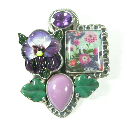 29965 Carved Glass Pansy with Hand Made Tile and Amethyst, Phosphosiderite and Jade Sterling Silver Pin Pendant
