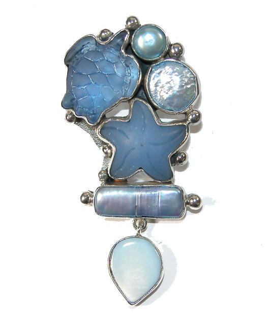 29966 Sea Life Freshwater Pearl Sea Glass on Sterling Silver Pin Pendant