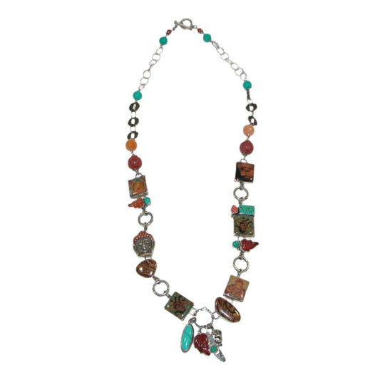 Handmade Tile with Carnelian Turquoise Coral Boulder Opal Sterling Silver Necklace