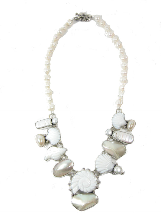 Freshwater Pearl Carved Mother of Pearl Seashells Sterling Silver Necklace