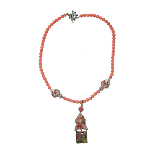 Coral, Hand Carved Scrimshaw, Handmade Tile Sterling Silver Beaded Necklace