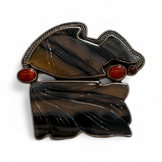 18747 Botswana Agate Fish, Coral, Sterling Silver Pin and Pendant