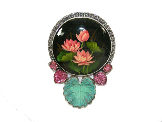 Hand painted flowers with Vintage Glass Pin and Pendant