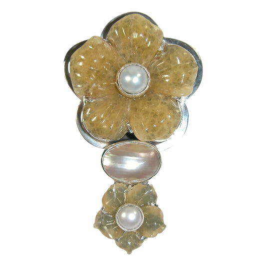 Carved Calcite Flower Sterling Silver Pin Pendant