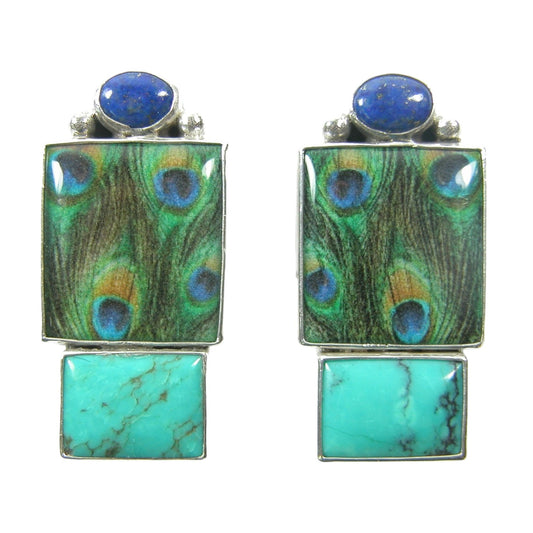 Multi Color Peacock Feather Tile Turquoise Sterling Silver Earrings