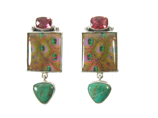 30024A Hand Made Peacock Feather Tile Turquoise Sterling Silver Earring