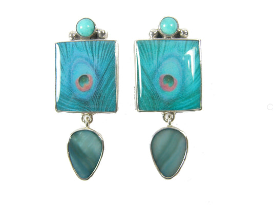 Blue Peacock Feather Amazonite Mother of Pearl Sterling Silver Earring